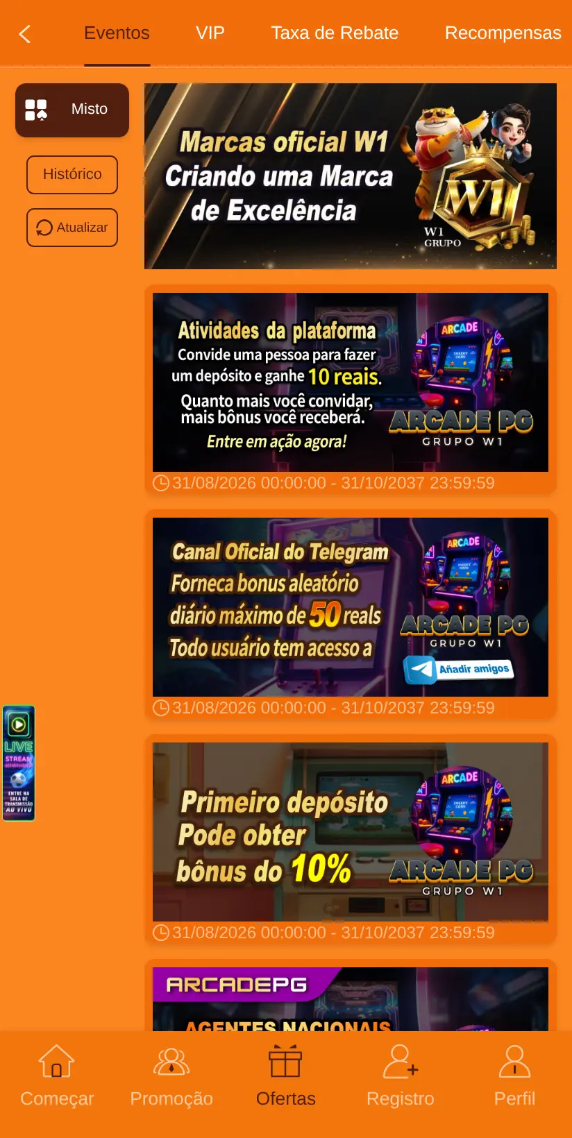 A área de ofertas da ArcadePG, em 22/09/2026