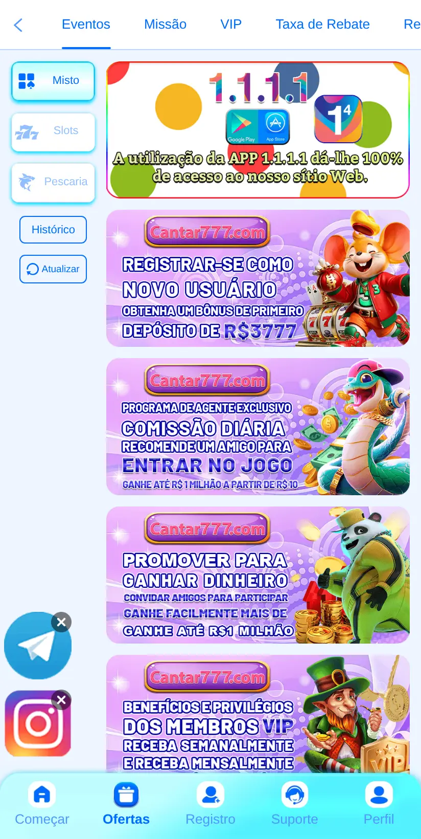 A área de ofertas da Cantar777, em 22/09/2026
