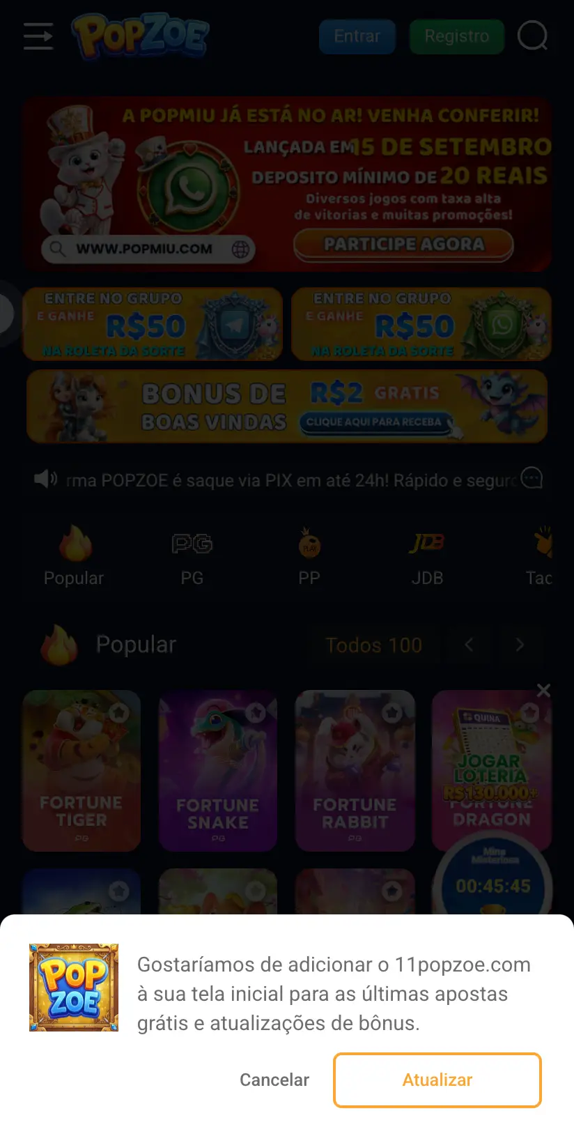 A tela da PopZoe como ela abre no celular, em 22/09/2026