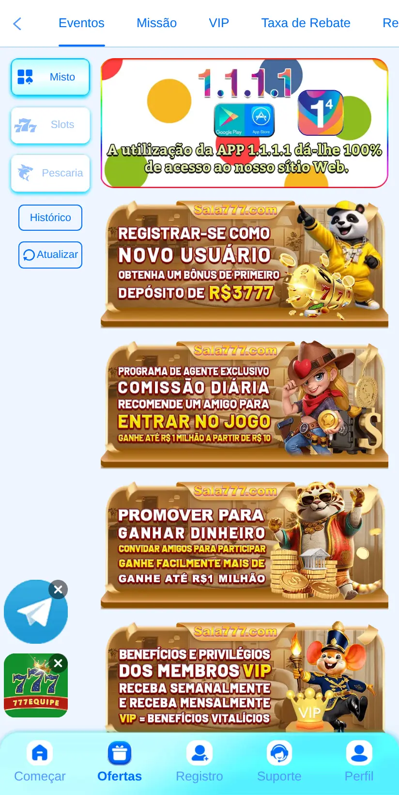 A área de ofertas da Sala777, em 23/10/2026