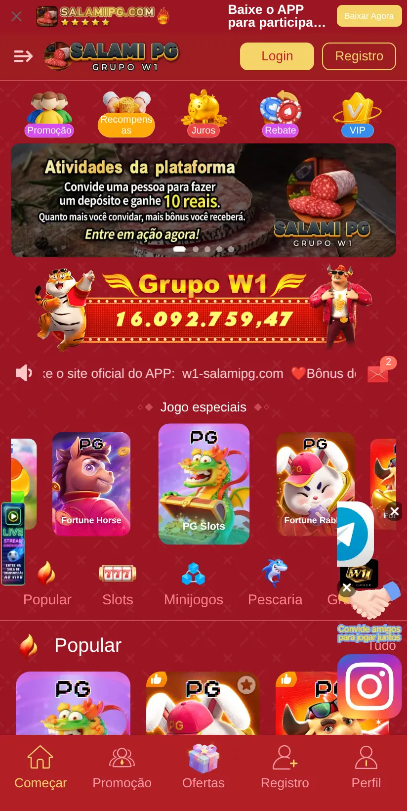 A tela da W1 SalamiPG como ela abre no celular, em 23/10/2026